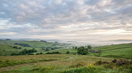 Obraz premium Scenic view of rolling green hills in the Yorkshire Dales with morning mist and a small stone farmhouse at sunrise