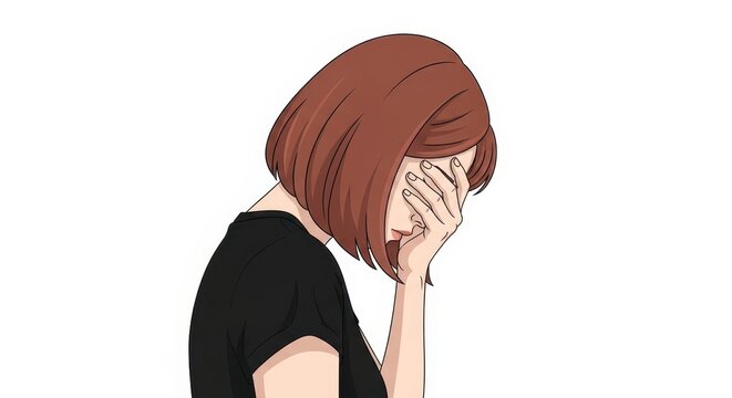 Young woman covering her face with her hand in a gesture of frustration or sadness isolated on white background