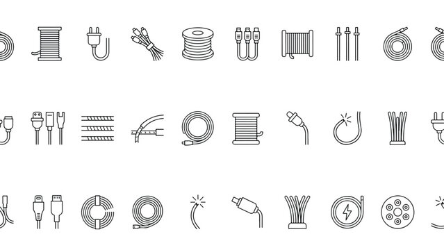 Collection of various electrical cables connectors adapters and power cords illustrated in simple line icons