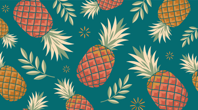 Colorful tropical pineapple pattern with coral fruit botanical leaves and dark teal background