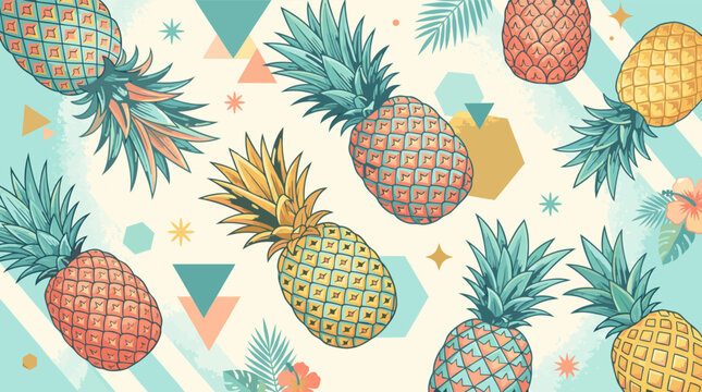 Colorful tropical pineapple pattern with geometric shapes coral fruit and turquoise leaves