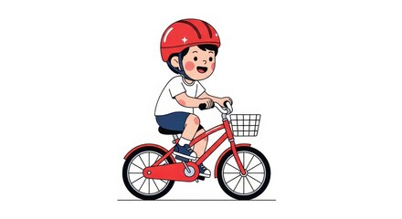 Fototapeta premium A cute cartoon boy riding a red bicycle with a helmet