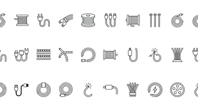 Collection of various electrical cables connectors adapters and wiring accessories line icons with transparent background