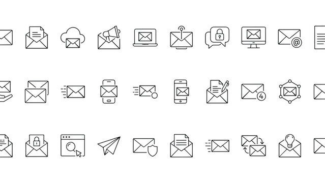 Collection of various email and communication icons with different features and actions on transparent background