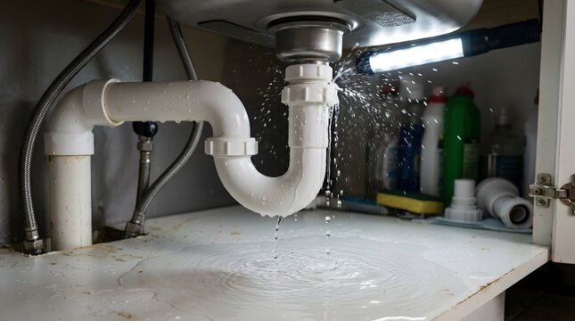 Leaking pipe under sink in kitchen with water splashing on floor.