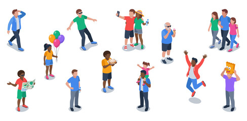 Amusement park visitors character set with diverse people enjoying leisure activities at a theme park | Isometric vector illustration