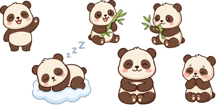 Playful set of cute panda bears illustrated in a clean vector graphic style featuring multiple poses including eating bamboo and jumping around on a simple white background for creative projects.