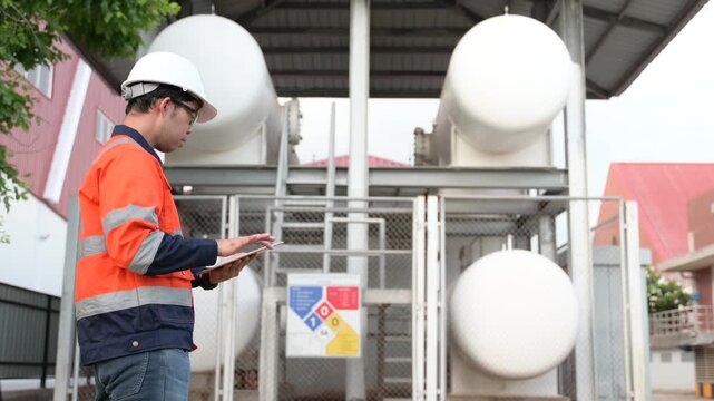 Professional male industrial engineer uses a digital tablet while standing outside inspecting large white chemical storage tanks at a modern energy manufacturing facility during the day.