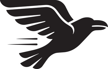 Obraz premium Minimalist black crow flying vector icon, stylized raven bird silhouette with motion lines, modern wildlife logo graphic isolated on Transparent Background