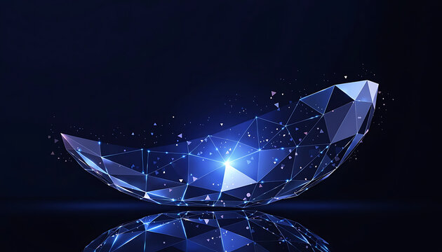 Abstract glowing blue geometric sphere with connected nodes and particles on dark background graphic