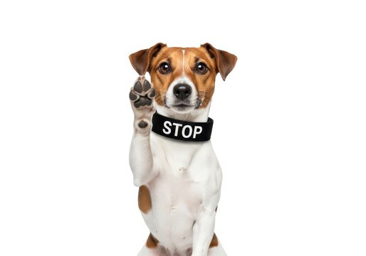 Jack Russell Terrier Dog Raising Paw in Stop Gesture Wearing a Collar with Stop Text Isolated on White Background