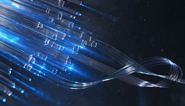 Close-up of blue fiber optic cables with glowing light trails and swirling strands graphic design
