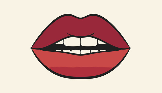 Sensual close up illustration of slightly open red lips showing clean white front teeth, set against a solid cream background.