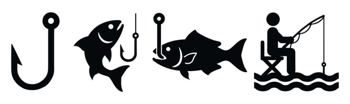 Fishing icons set featuring hooks various fish an angler sitting on a chair catching a fish fisherman recreation equipment adventure