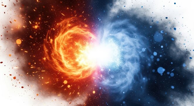 Abstract background with colliding fire and ice energy spheres, cosmic explosion of hot and cold elements