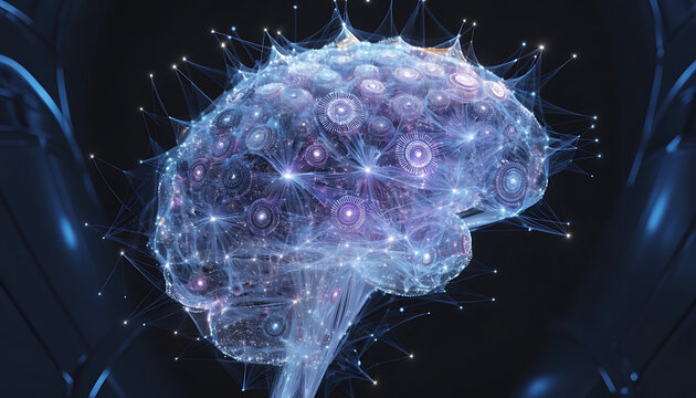 Futuristic Digital Brain with Intricate Patterns and Glowing Lights on Dark Background technology