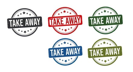 Obraz premium Set of five round rubber stamps with the text take away in various colors
