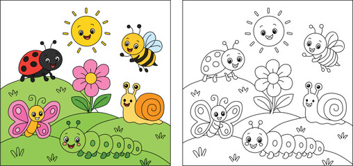 Spring meadow scene with cute cartoon insects. Colored and black-and-white line art vector illustration featuring a ladybug, bee, butterfly, caterpillar, and snail for children's activity books. © Vector_Mahabub