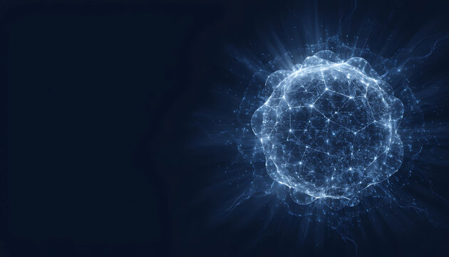 Glowing blue spherical network of particles and lines radiating light on a dark background sphere