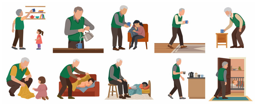 Flat Vector Illustration Set of Grandfather Caring for Grandchildren in Various Daily Activities at Home