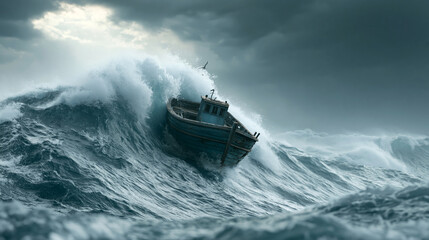 Small boat battling a giant ocean wave beneath a dark stormy sky, symbolizing instability, resilience and the struggle for survival