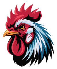 Detailed head portrait of a rooster featuring intense gaze and colorful feathers portrait feathers colorful wildlife illustration livestock © VectorVibe Studio