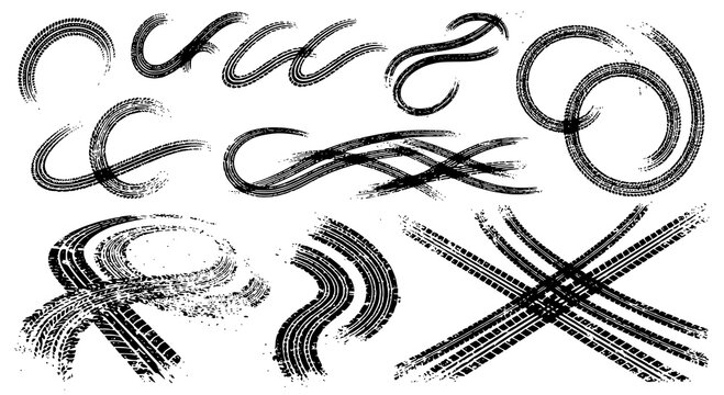 Tire tread marks after skidding, launch, drift, powerslide in motorsport, rally, off-road, motocross. Wheel texture with splash effect. Vector, JPEG version.