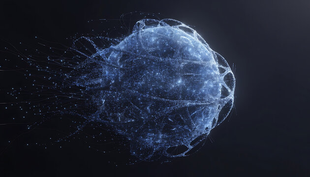 Luminous blue jellyfish-like form made of glowing particles and ethereal trails graphic design