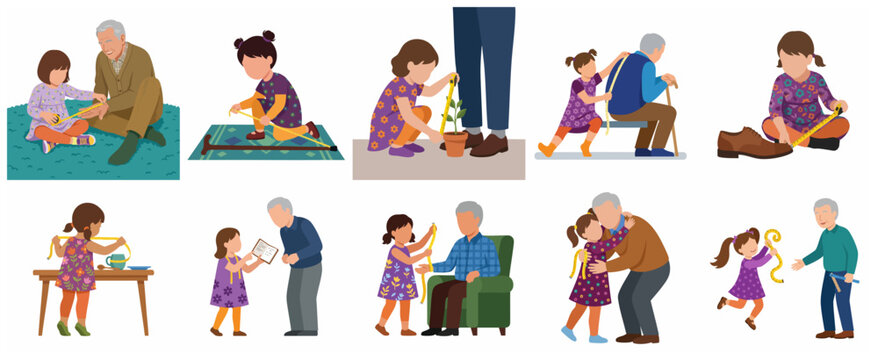 Little girl and grandfather exploring measurement with a yellow tape measure flat vector illustration set