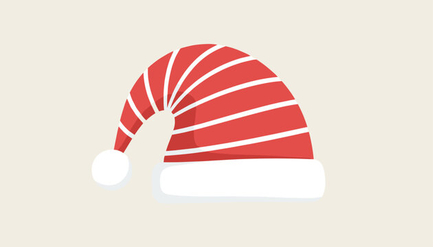 Cozy red and white striped Christmas elf hat with a white pompom is presented against a clean beige background.