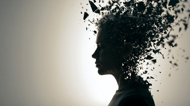 Human silhouette fragmented into floating geometric pieces against a neutral background, symbolizing identity breakdown, mental instability and emotional fragmentation