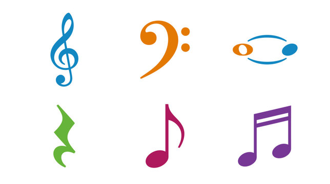 Colorful Music Notes and Symbols Collection - Treble, Bass Clefs, Rests