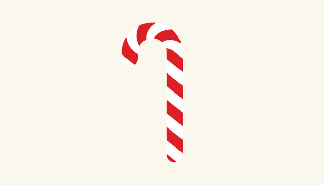 Classic red and white striped Christmas candy cane is angled diagonally on a plain off white background.