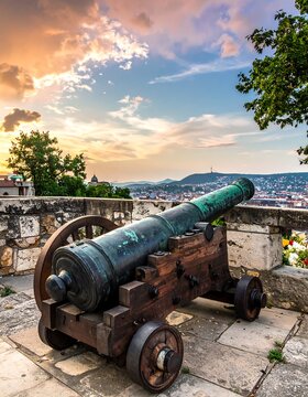 A historic cannon on a stone platform overlooking a city at sunset