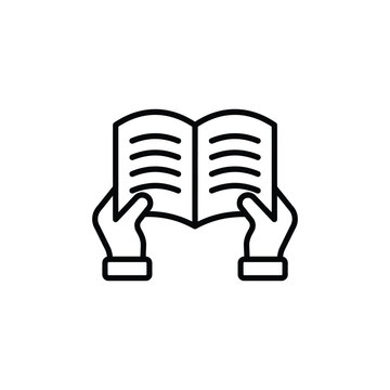 Hands holding open book for reading linear icon with education knowledge literacy learning