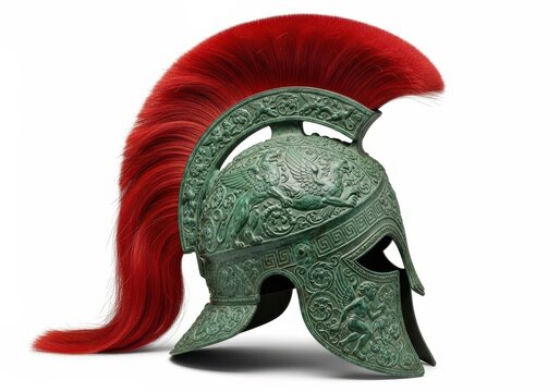 Ancient Greek Spartan Bronze Helmet with Red Horsehair Crest and Intricate Engravings Isolated on White Background
