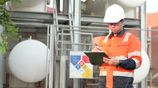 Professional male industrial engineer uses a digital tablet while standing outside inspecting large white chemical storage tanks at a modern energy manufacturing facility during the day.
