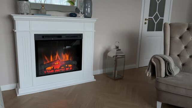 Horizontal 4K video of a modern living room featuring a handmade white wooden electric fireplace, a silver floor lantern, and a cozy armchair