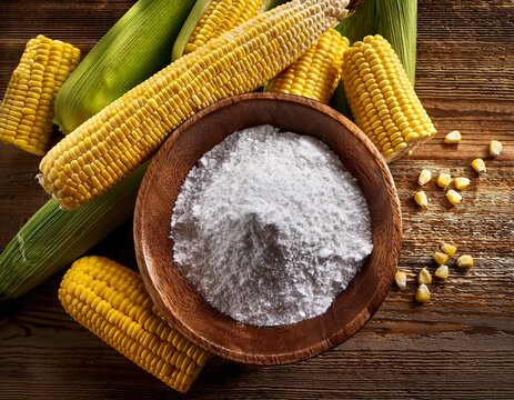 still life of corn on the cob corn kernels and cornstarch in a wooden bowl on a wooden surface