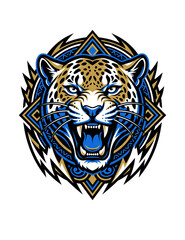 Obraz premium Angry roaring jaguar face vector illustration with geometric mandala frame for streetwear.