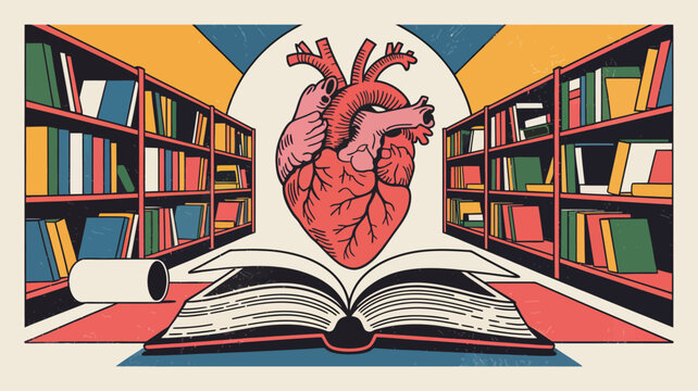 Heart organ hovers above an open book placed in a library aisle between rows of wooden shelves filled with colorful hardcover volumes to suggest the deep emotional connection found in reading.