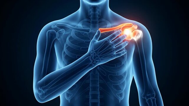 Male body with glowing red clavicle bone indicating shoulder pain