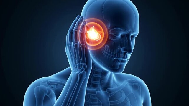 Human male suffering from acute ear pain and tinnitus