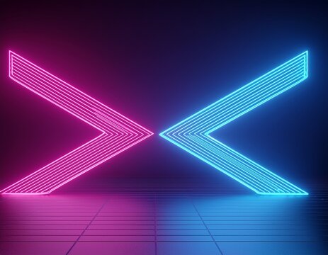 3d render abstract minimalist geometric background two counter neon arrows approaching each other contradiction concept
