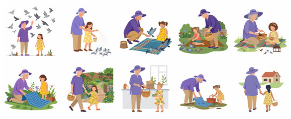 Fototapeta premium Set of grandmother and granddaughter bonding activities vector illustrations, elderly woman and child spending time together outdoors, picnicking, feeding birds and gardening.