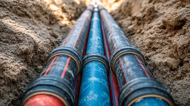 Blue and black high-density polyethylene pipes installed in a narrow earthen trench. Useful for utility infrastructure and civil engineering marketing.