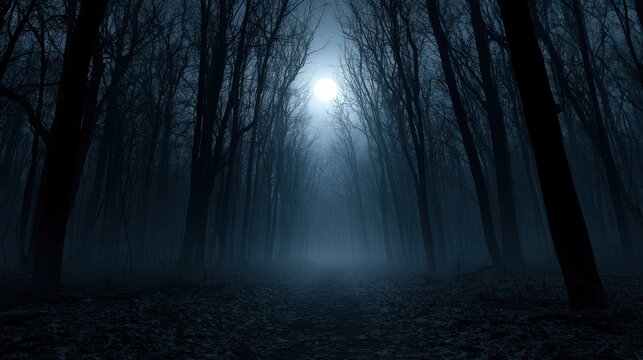 A misty, dark forest path illuminated by a full moon at night. Perfect for horror, mystery, or gothic storytelling.