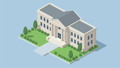 Fototapeta premium Classic white stone university or government building is surrounded by green lawns and trees in an isometric view.