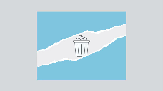 A flat design vector illustration featuring a centrally ripped light blue paper, revealing a minimalist trash can icon, symbolizing deletion, removal, or clearing out old information.