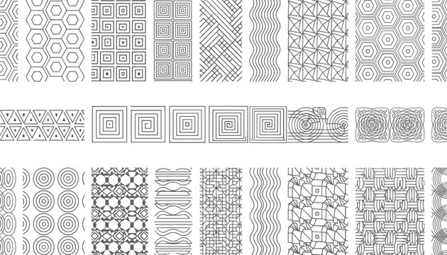 Geometric seamless vector patterns collection featuring hexagons, squares, waves, circles, and spirals in thin lines.